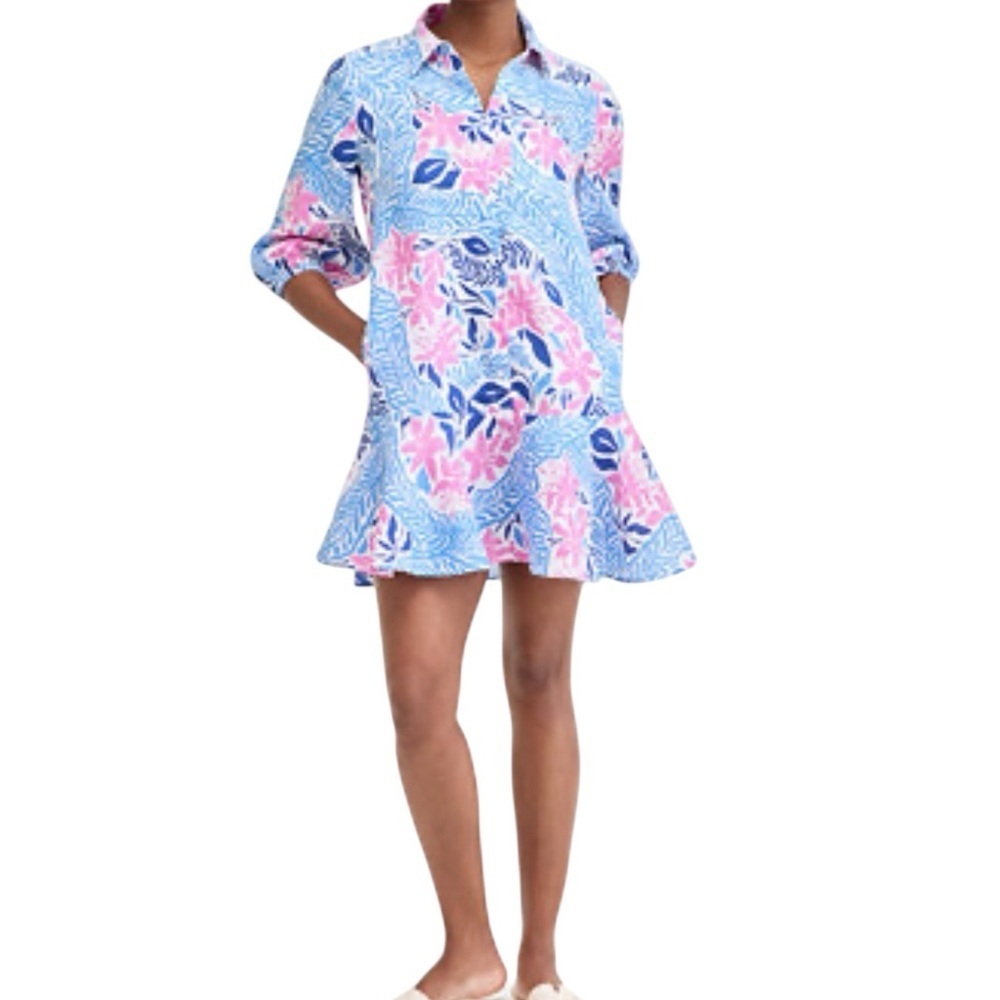 Charter Club Luxury 100% Linen Printed Ruffle Hem Mini Dress XL - Picture 2 of 9